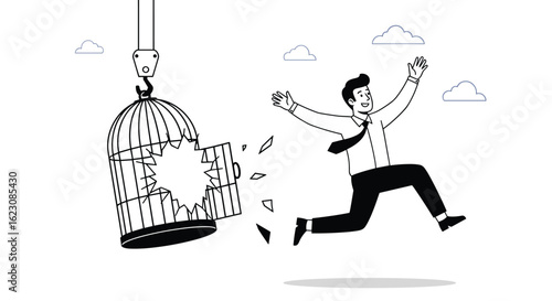 Illustrative depiction of a man jubilantly escaping from a broken birdcage symbolizing freedom and release from confinement