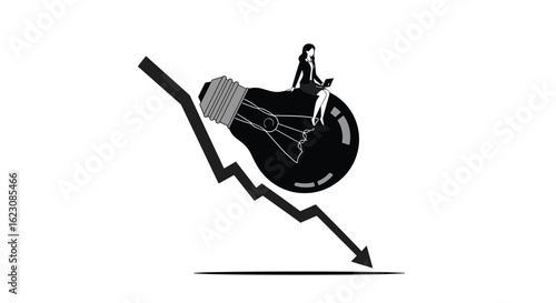Illustrating the concept of decreasing business innovation and economic downturn with a symbol of a faltering lightbulb and downward trend arrow