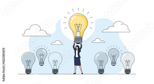 Woman holding a giant glowing light bulb above her head representing innovation and new ideas surrounded by other light bulbs in a flat illustration style