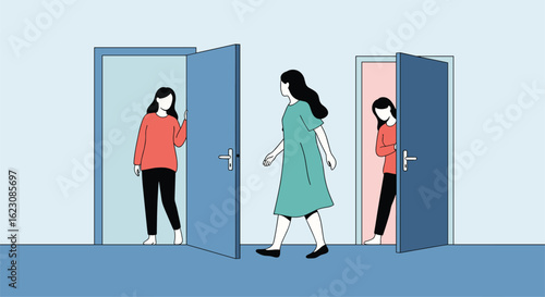 Navigating life's choices two women approach different doorways representing opportunities and decisions ahead