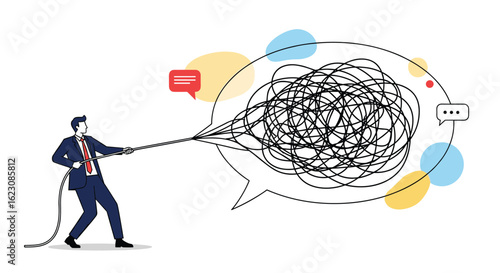 Business professional struggling to untangle complex communication challenges and find clarity in a chaotic information landscape