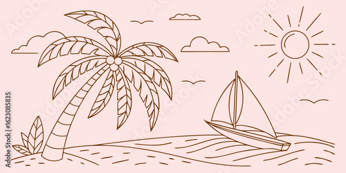 Line art illustration of a tropical island paradise vector art design
