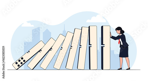Businesswoman preventing financial crisis by stopping falling dominoes with a single push