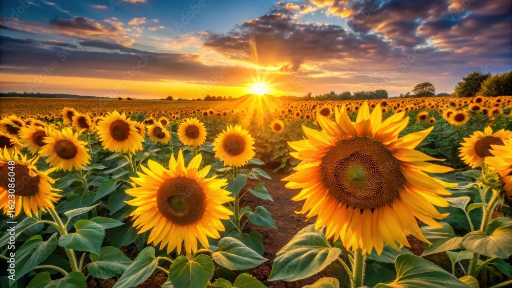 Fototapeta premium Golden Hour Sunbeams Illuminating a Vast Field of Vibrant Sunflowers at Sunset