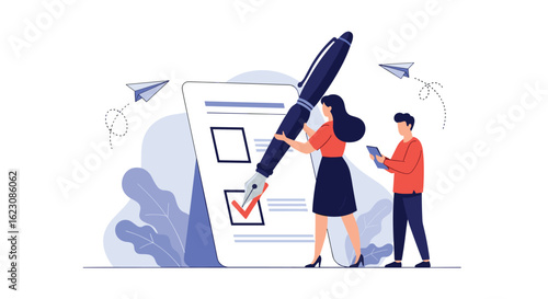 People checking off tasks on a checklist with a giant pen representing efficient workflow management