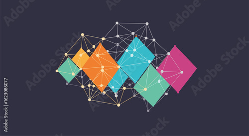 Abstract geometric pattern with interconnected nodes and colorful diamond shapes creating a sense of data network and digital connections