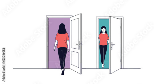 Two women entering and exiting doors showcasing different directions and choices in life