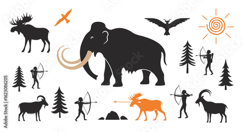 Collection of ice age animals and prehistoric humans engaged in hunting activities