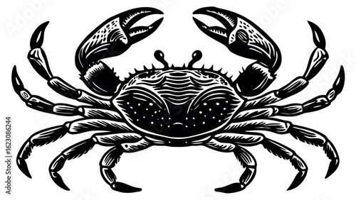 A striking black silhouette of a crab with detailed claws and legs on a white background perfect for nautical themes silhouette