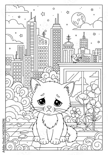 A stray kitten in a big city. coloring book