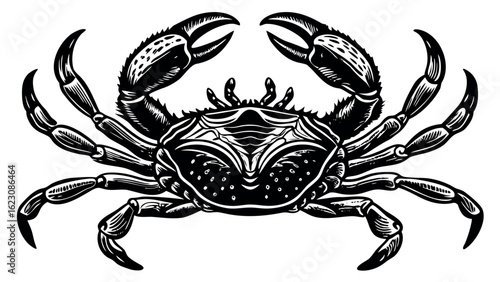 Detailed silhouette of a crab with intricate legs and claws for marine life and seafood designs