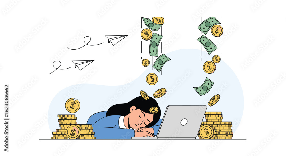 Fototapeta premium Exhausted entrepreneur falls asleep at desk while money rains down symbolizing financial success and hard work leading to wealth and prosperity in a business venture