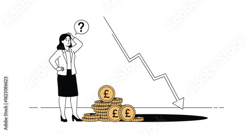 Woman confused by falling graph and pile of money indicating financial crisis and economic downturn impacting individuals