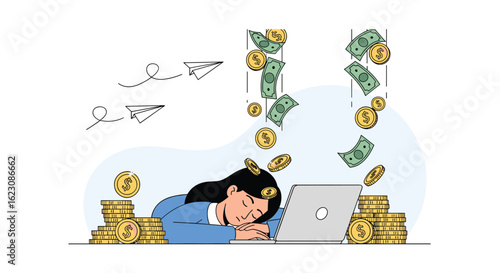 Exhausted entrepreneur falls asleep at desk while money rains down symbolizing financial success and hard work leading to wealth and prosperity in a business venture