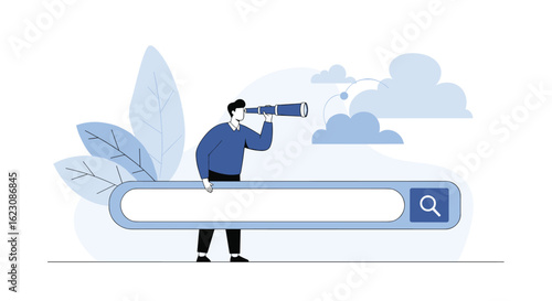 Discovering information through online search with a man using a spyglass discovering knowledge through digital exploration