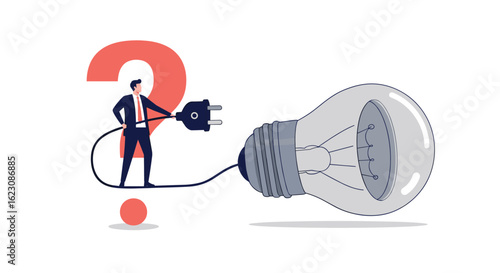Business professional struggling with a large question mark and a lightbulb symbolizing a lack of ideas or solutions for business innovation and problem solving challenges