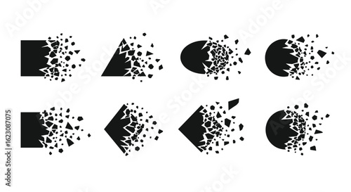 Set of geometric shapes dissolving into fragments dynamic motion effect visualizing dispersion and transformation