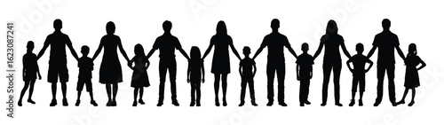 Adult young people standing with group of children front view vector silhouette set. Group of woman and man teachers hugging and embracing pupils kids portrait silhouettes.