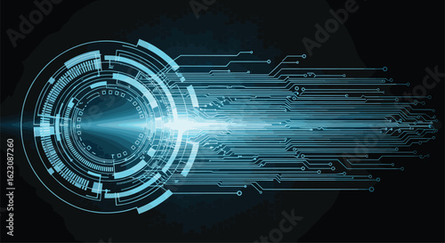 Abstract glowing blue cybernetic portal emitting streaks of light and data streams creating a futuristic technological phenomenon