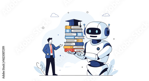 Innovative artificial intelligence robot assists businessman with stack of educational books for advanced learning and knowledge acquisition