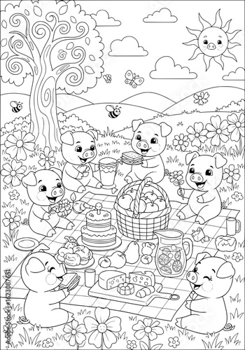 piglets on a picnic. coloring book