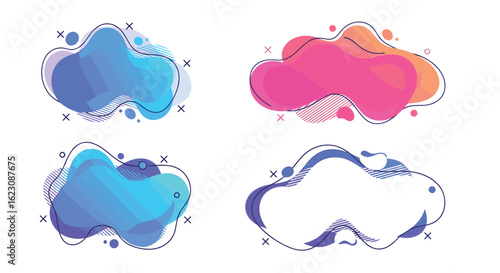 Collection of four abstract organic shapes in bright gradient colors with dashed outlines and black line patterns for modern design and branding