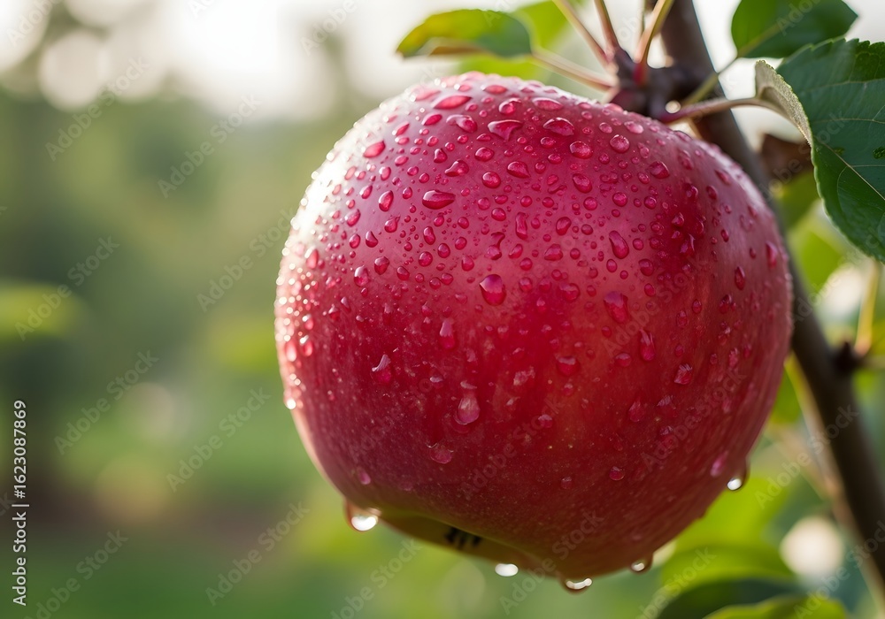 Obraz premium Fresh ripe red apple with water droplets hanging on a tree branch in an orchard
