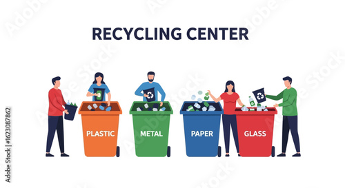 Recycling Center with People Sorting Plastic, Metal, Paper, and Glass Waste