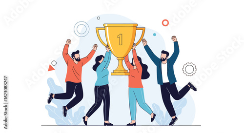 A team celebrates winning a golden trophy together in a moment of shared success and jubilation