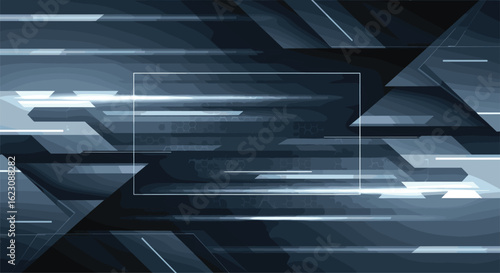 Abstract geometric pattern with streaking light effects and metallic textures exploding into darkness