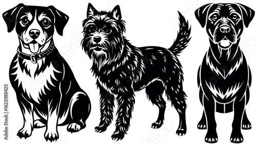 Collection of diverse dog breeds presented as distinctive black silhouettes for graphic design projects