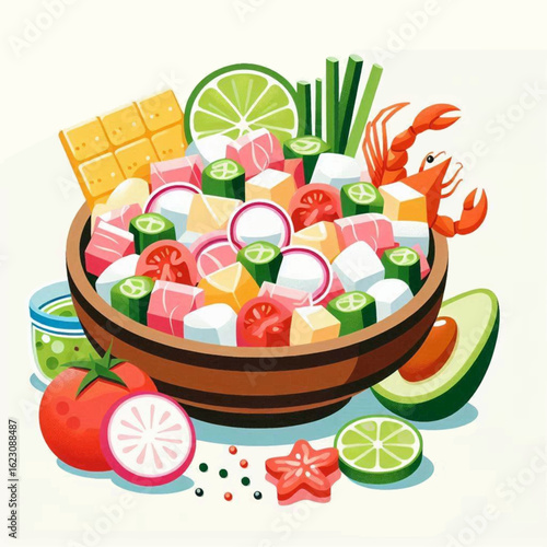 A vibrant illustration of a fresh seafood salad bowl with diced fish, crawfish, avocado, lime, and vegetables.