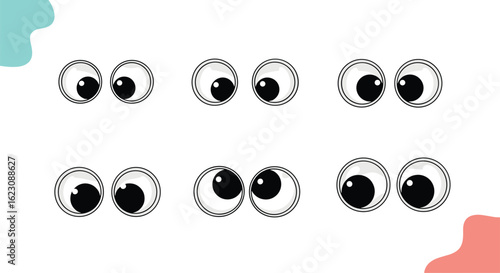 A collection of animated googly eyes with playful pupils looking in different directions against a clean white background with colorful splotches