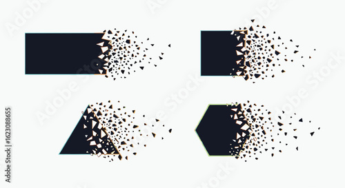 Four geometric shapes dissolving into particles abstract background with vibrant digital explosion effect