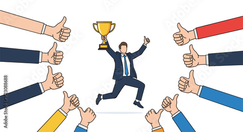 Successful businessman celebrates victory holding trophy surrounded by thumbs up from appreciative colleagues and supporters
