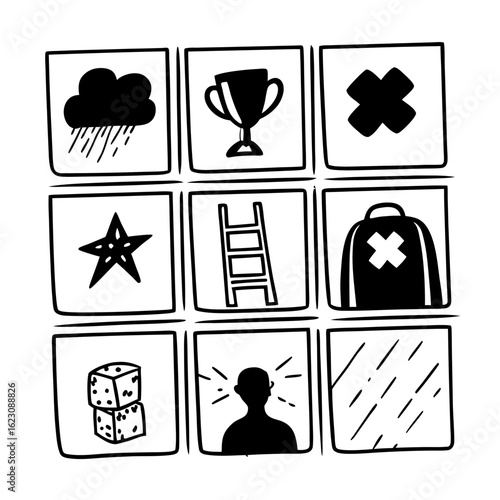 9 editable vector icons about fear of failure and emotional block — broken ladder, falling star, cracked trophy, mental pressure and more. Clean flat style with pastel colors. Perfect for coaching, ps