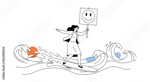 A woman balances on waves holding a smiling face sign representing happiness and positivity