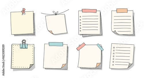 Collection of eight blank paper notes with torn edges and adhesive tape attachments