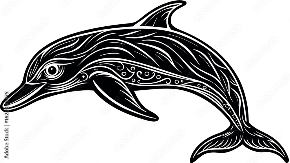Naklejka premium Graceful leaping dolphin family silhouette art design with ocean waves and sky elements