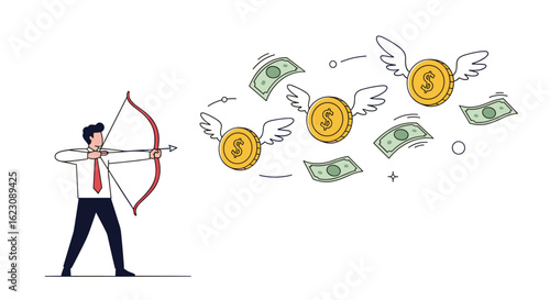 Archer aims bow and arrow at flying money and gold coins seeking financial goals and wealth accumulation