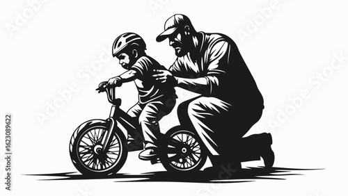A father helping his child learn to ride a bicycle with helmet in a black and white vector illustration silhouette