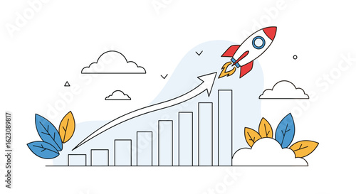 Illustrating business growth and success with a rocket launching upwards over a bar chart
