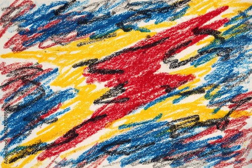 Dynamic abstract artwork features vivid colors and energetic brush strokes in a lively composition created with crayons