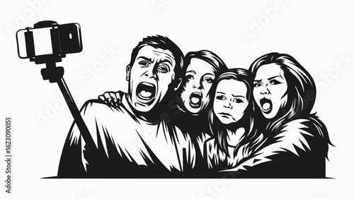 A group of four people taking a selfie with a selfie stick and making funny faces in black and white silhouette