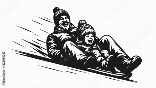 A father and child sledding down a hill together laughing and wearing winter hats and jackets in black and white silhouette