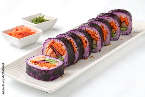 Delicious purple sushi roll with fresh ingredients served on a white platter with dipping sauces