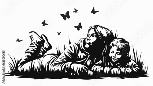 Wallpaper Mural A mother and child lying in grass surrounded by butterflies in a black and white vector illustration silhouette Torontodigital.ca