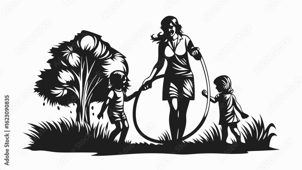 Fototapeta premium Silhouette of mother and two daughters playing with a hula hoop near a tree in a grassy area outdoors
