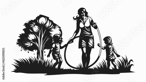 Silhouette of mother and two daughters playing with a hula hoop near a tree in a grassy area outdoors