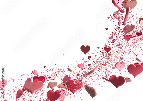 Ilustration of red realistics hearts whit 3D effect. rain of hearts in transparent PNG